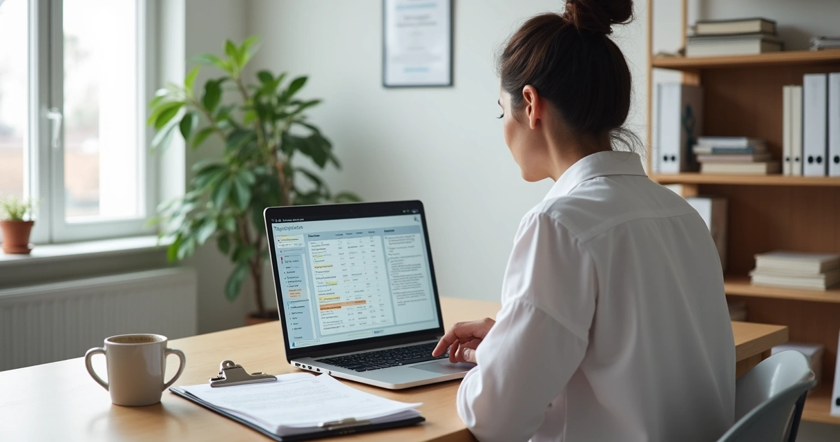 Psicóloga analisando catálogo digital de testes psicológicos em escritório organizado