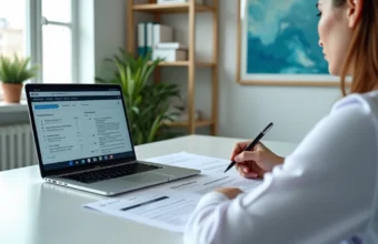 Psicólogo analisando classificação CID em consultório moderno com documentos digitais