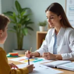 Profissional neuropsicólogo avaliando criança com materiais de testes em mesa redonda