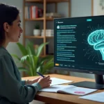 Psicóloga em consultório usando tela com cérebro digital e texto gerado por IA
