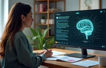 Psicóloga em consultório usando tela com cérebro digital e texto gerado por IA