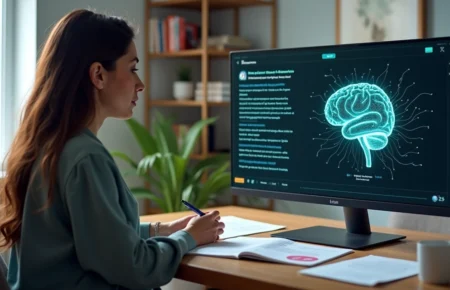 Psicóloga em consultório usando tela com cérebro digital e texto gerado por IA