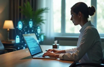 Psicóloga em consultório usando notebook com ícones de proteção de dados ao redor