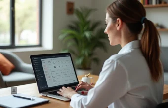 Psicóloga organizando prontuário eletrônico em laptop em consultório moderno