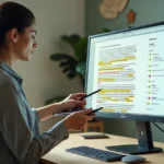 Profissional revisando laudo psicológico digital com destaques de correções na tela