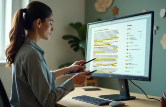 Profissional revisando laudo psicológico digital com destaques de correções na tela