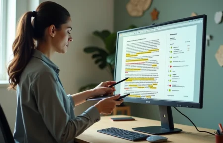 Profissional revisando laudo psicológico digital com destaques de correções na tela