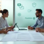 Equipe multiprofissional reunida analisando relatório psicológico impresso em sala de reunião clara