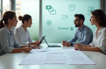 Equipe multiprofissional reunida analisando relatório psicológico impresso em sala de reunião clara